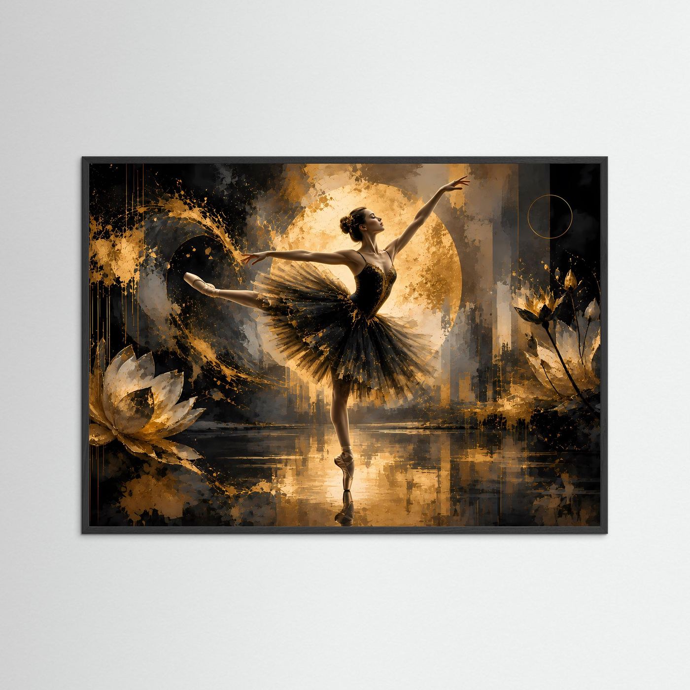 Tanzposter mit tanzender Ballerina in Schwarz und Gold, Querformat, schwarzer Rahmen
