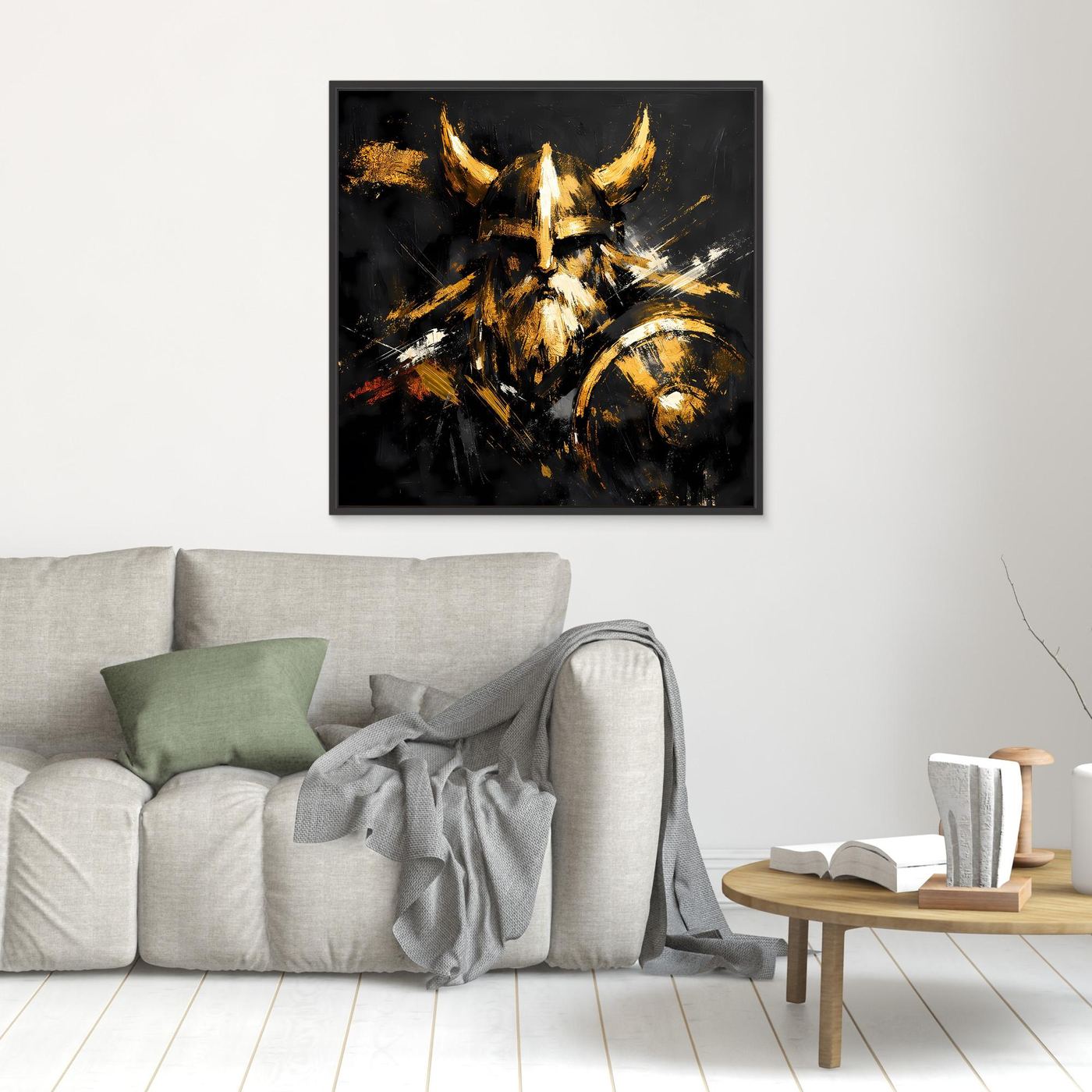 Leinwand Goldener Wikinger mit Schild | Abstraktes Nordmann Wandbild Modern