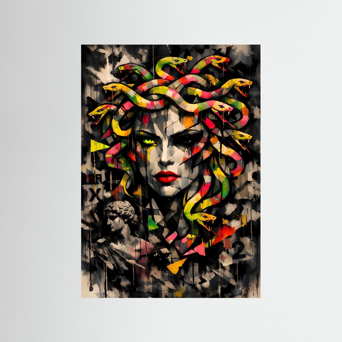 Mythos der Moderne | Urban Art Medusa Poster in Neon-Bunt & Schwarz | Abstraktes Street Art Kunstposter Hochformat