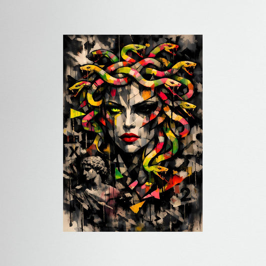 Mythos der Moderne | Urban Art Medusa Poster in Neon-Bunt & Schwarz | Abstraktes Street Art Kunstposter Hochformat