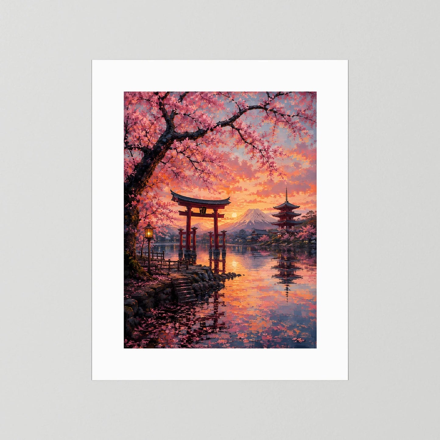 Hochformat-Poster mit Kirschblüten, Torii und Fuji im Sonnenuntergang, weißer Rand