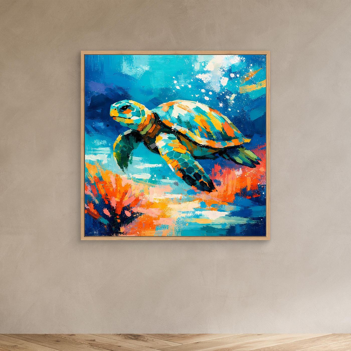 Leinwand-Wandbild mit Meeresschildkröte in bunten Farben, goldbrauner Rahmen