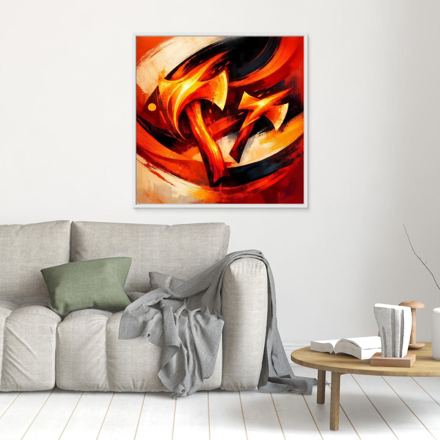 Abstraktes Leinwandbild mit Wikinger-Axt, orange-gelbe Flammen, brauner Rahmen.