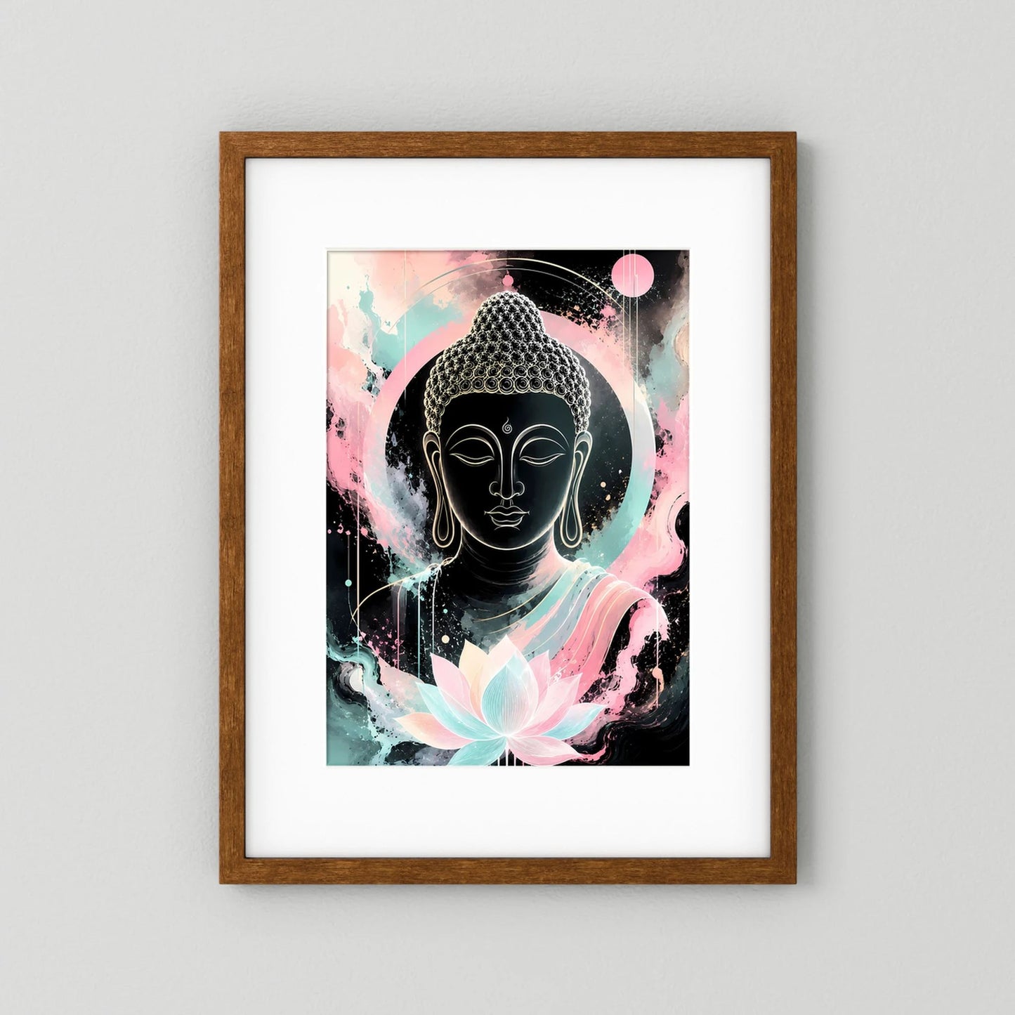 Buddha-Poster im Hochformat mit Lotusblüte und pastellfarbenem Motiv, brauner Holzrahmen