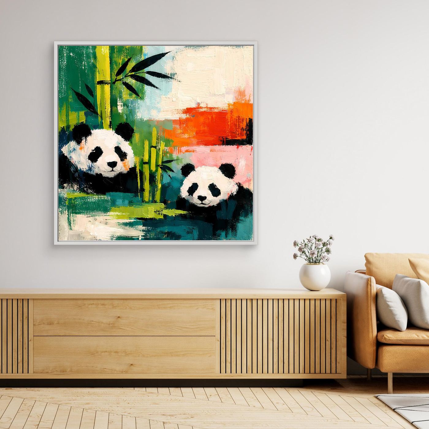 Abstract panda canvas wall art with bamboo forest scene, white frame