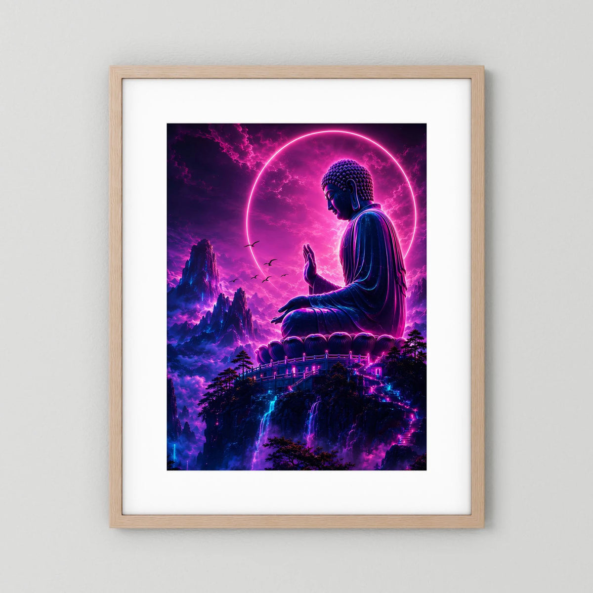 Neon-Buddha-Poster im hellen Holzrahmen mit weißem Passepartout, sitzender Buddha