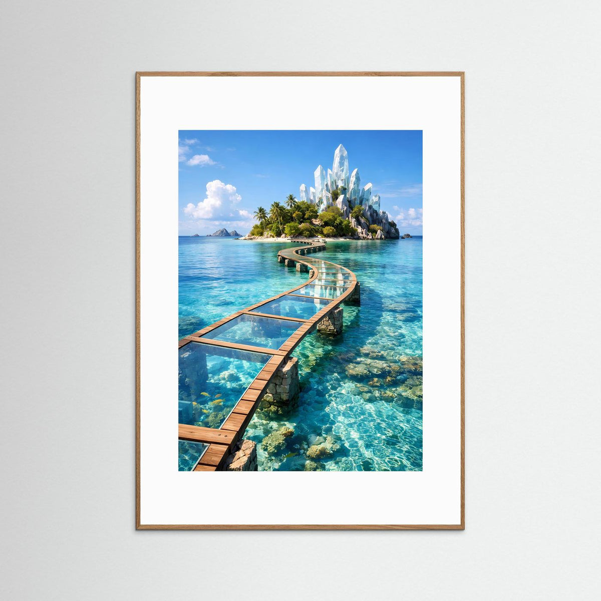 Poster hochformatig: türkisblaues Meer, gläserner Steg zur Kristallinsel, hellbrauner Rahmen