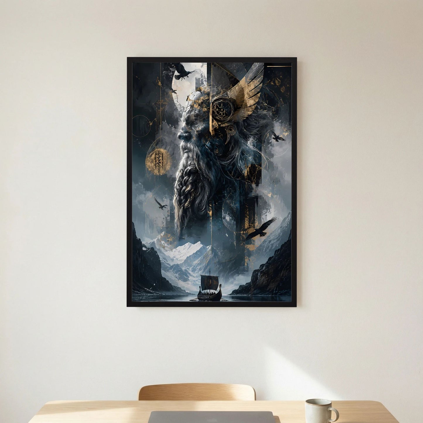 Gerahmtes Poster im Hochformat: Wikingerkopf mit Raben, dunkle Wappen und goldene Akzente