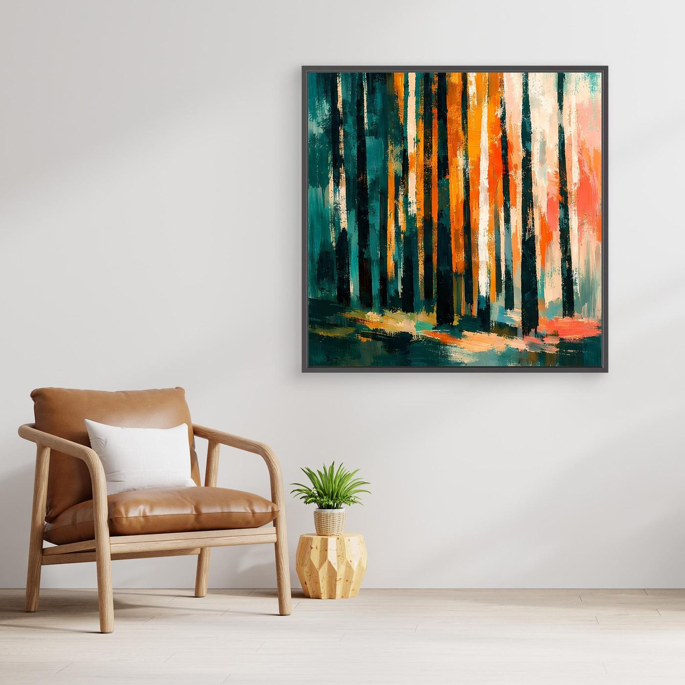 Leinwand-Wandbild mit abstraktem Birkenwald im Herbst, schwarzer Rahmen