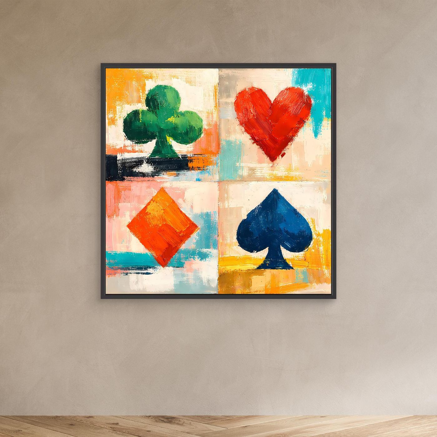 Leinwand-Wandbild mit abstrakten Spielkarten-Symbolen, gerahmt mit dunklem Rahmen