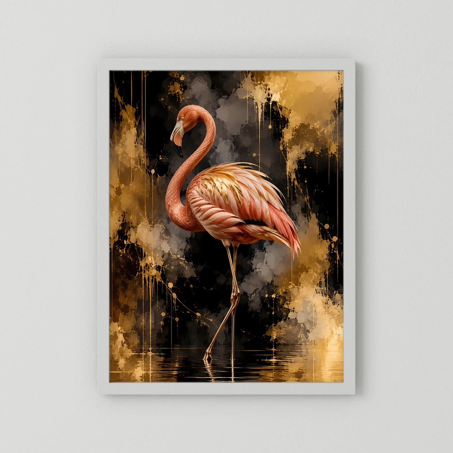Flamingo-Poster mit weißem Rahmen, goldene und schwarze abstrakte Farbverläufe