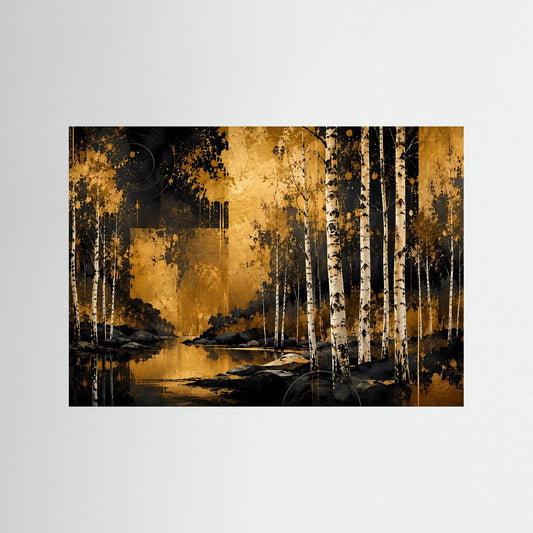 Abstraktes Waldlandschafts-Poster in Schwarz und Gold, ungerahmt, Querformat