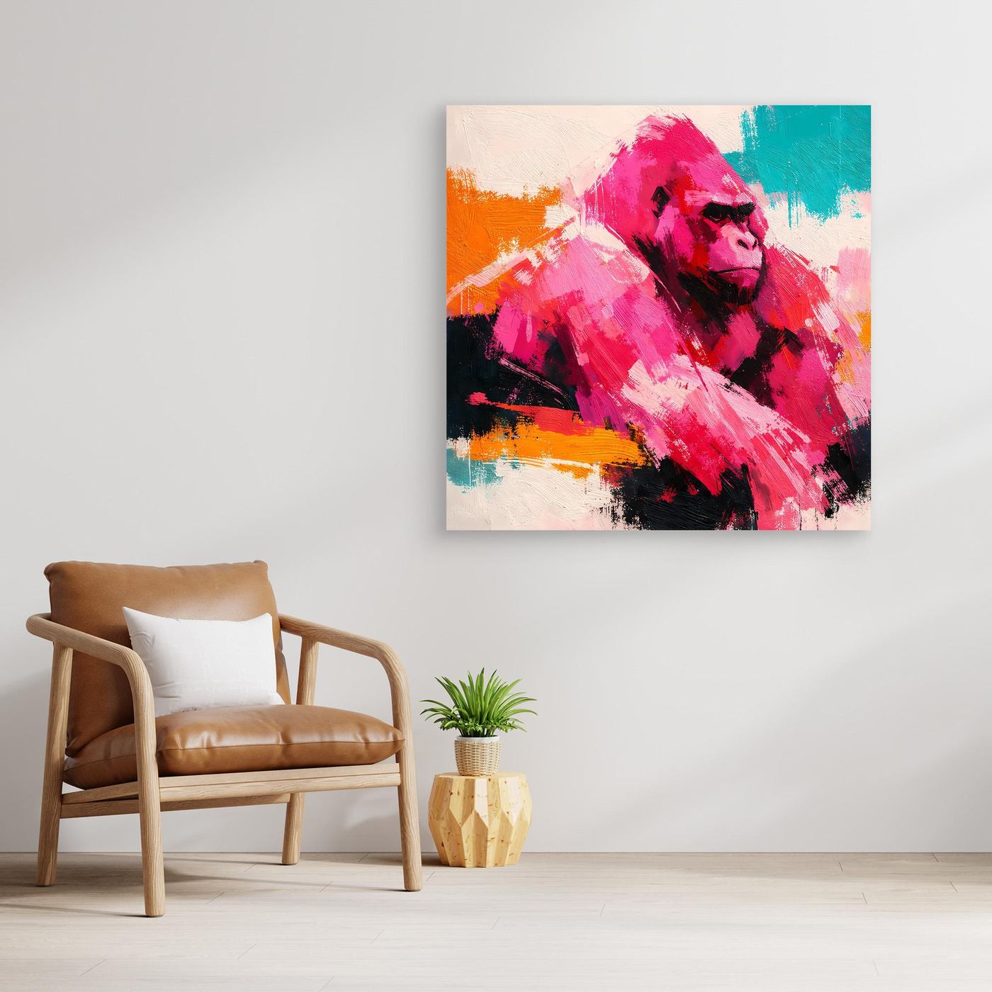 Leinwandbild mit abstraktem Gorilla in Pink-, Türkis- und Orangetönen ohne Rahmen