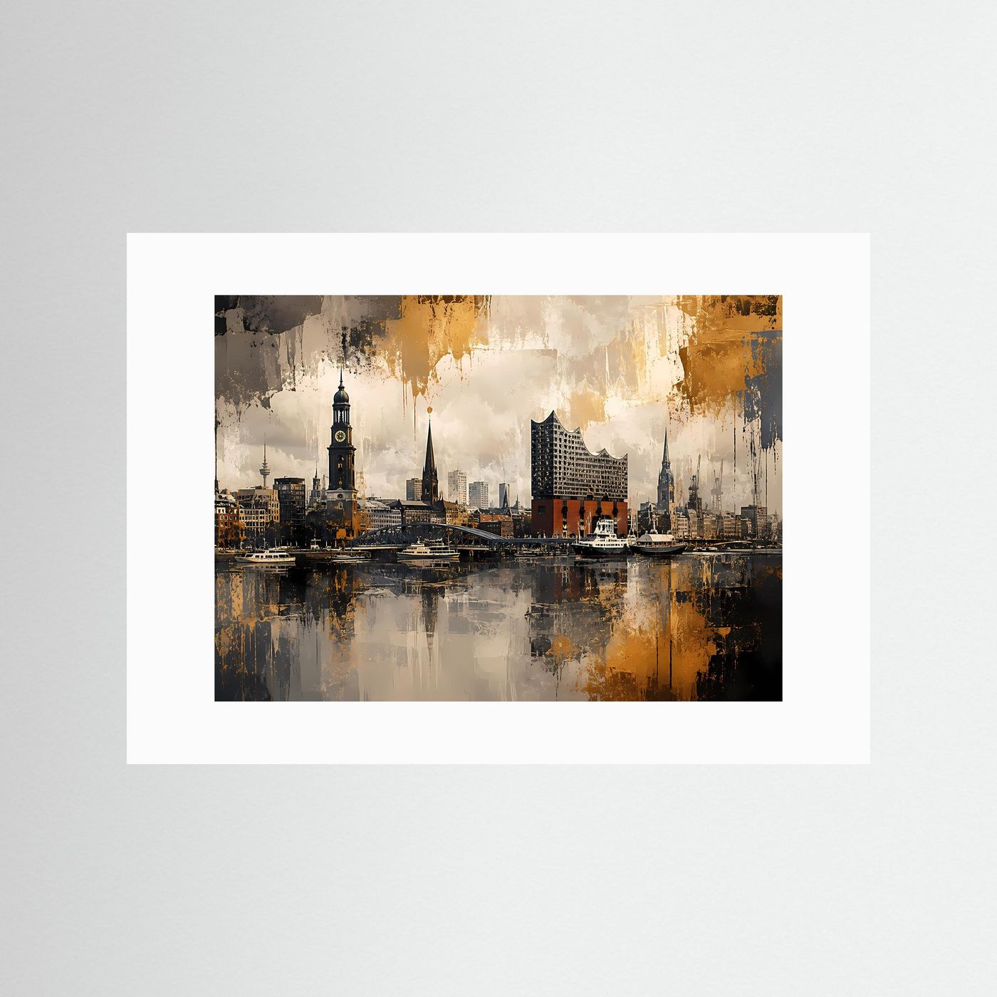 Hamburg Skyline an den Landungsbrücken | Abstraktes Hafen-Poster im Querformat