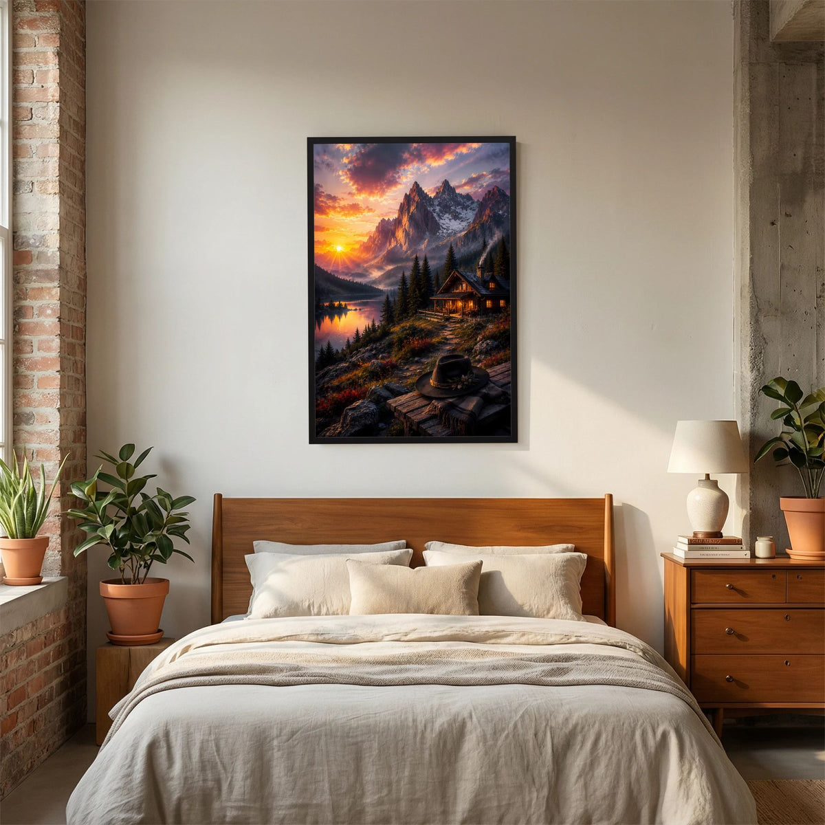 Hochformat-Poster im schwarzen Rahmen mit Alpenhütte am See in Dämmerung