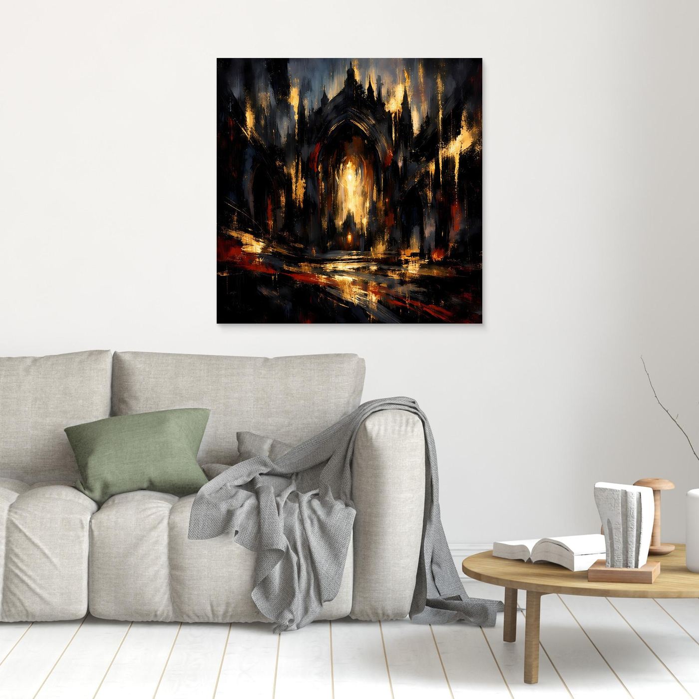 Kleines Leinwandbild mit abstrakter gotischer Kathedrale, dunkle Farben, goldene Lichtmotive im schwarzen Rahmen