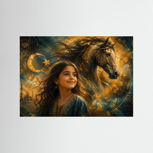 Wandbild mit Mädchen und Pferd, goldener Halbmond, petrolfarbener Hintergrund