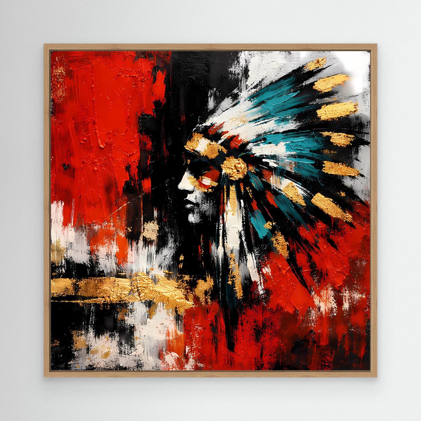 Wandbild mit hellem Holzrahmen, abstraktes Porträt in Rot, Türkis und Weiß