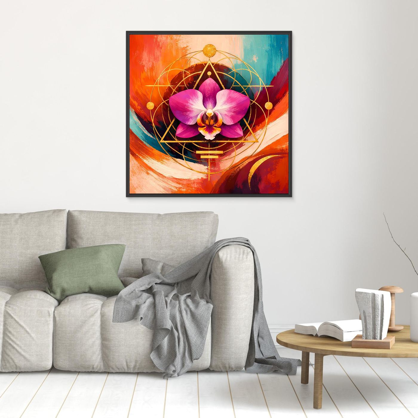 Quadratisches Orchideen-Leinwandbild mit goldener Geometrie und pinker Orchidee