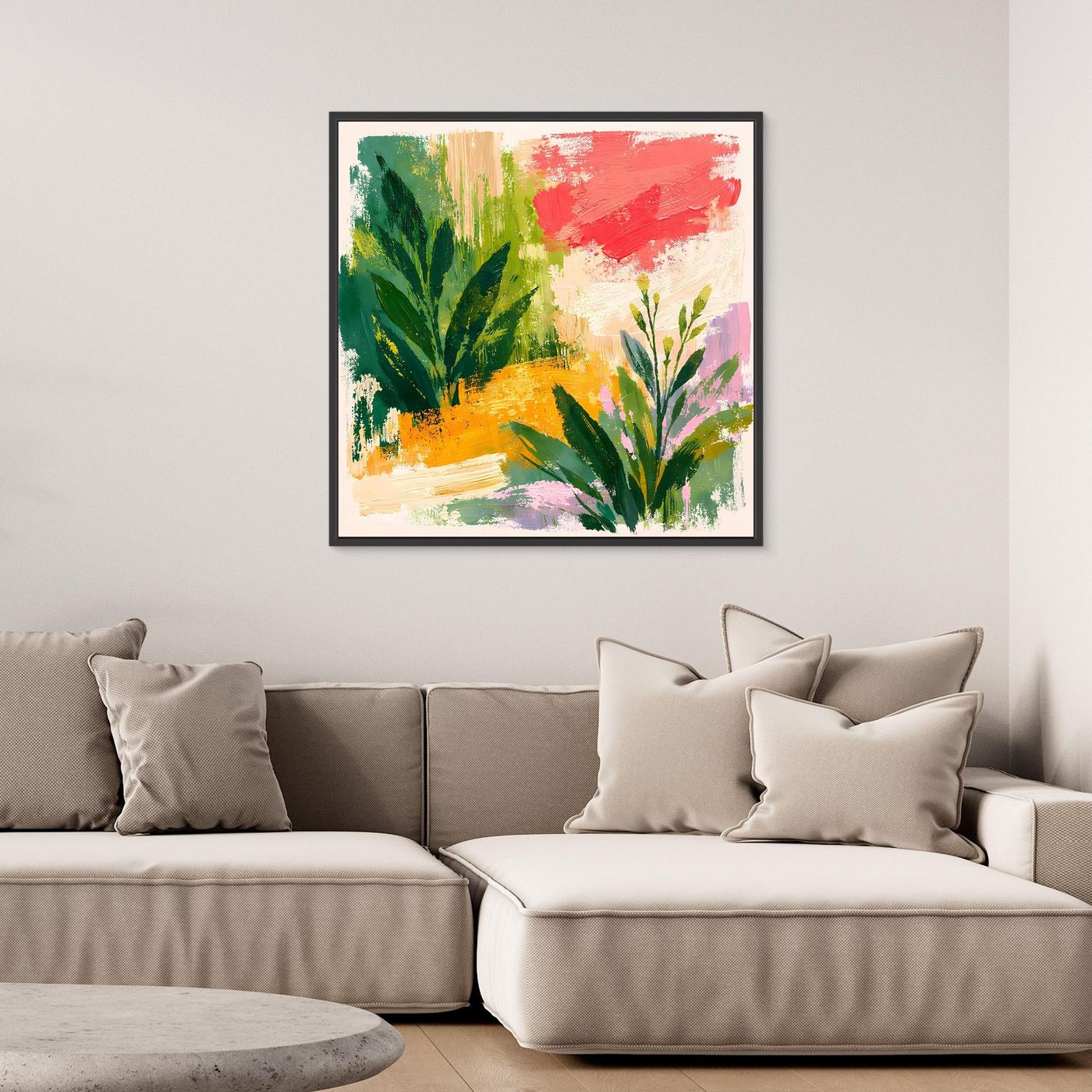Abstract botanical wall art canvas with multicolor leaves and red brush strokes, black frame