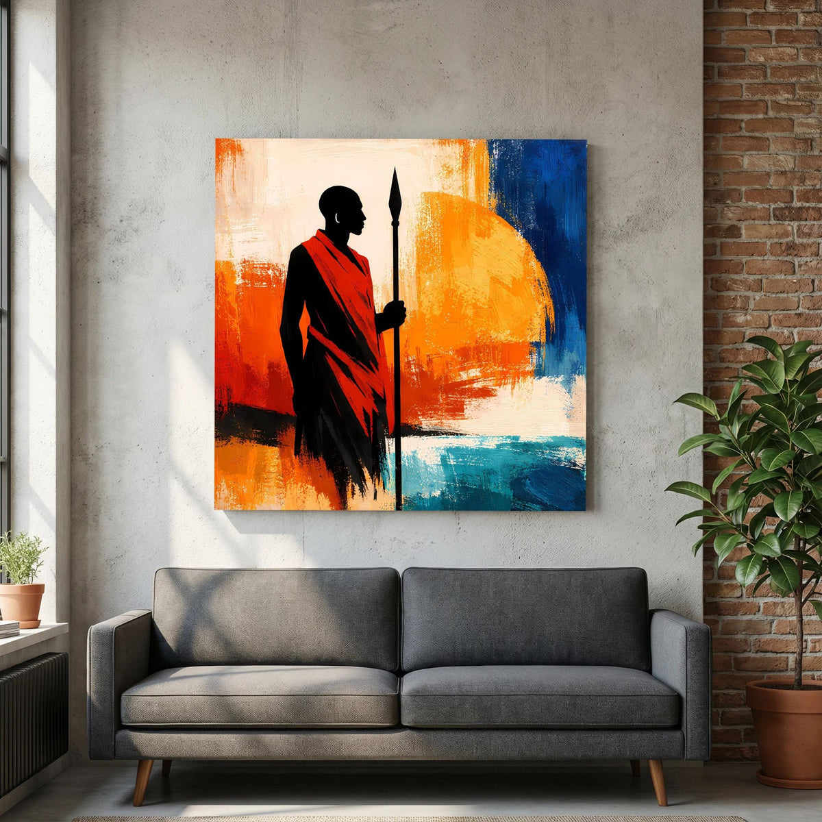 Quadratisches Wandbild mit Krieger-Silhouette, rotem Umhang und Speer vor Orange-Blau.