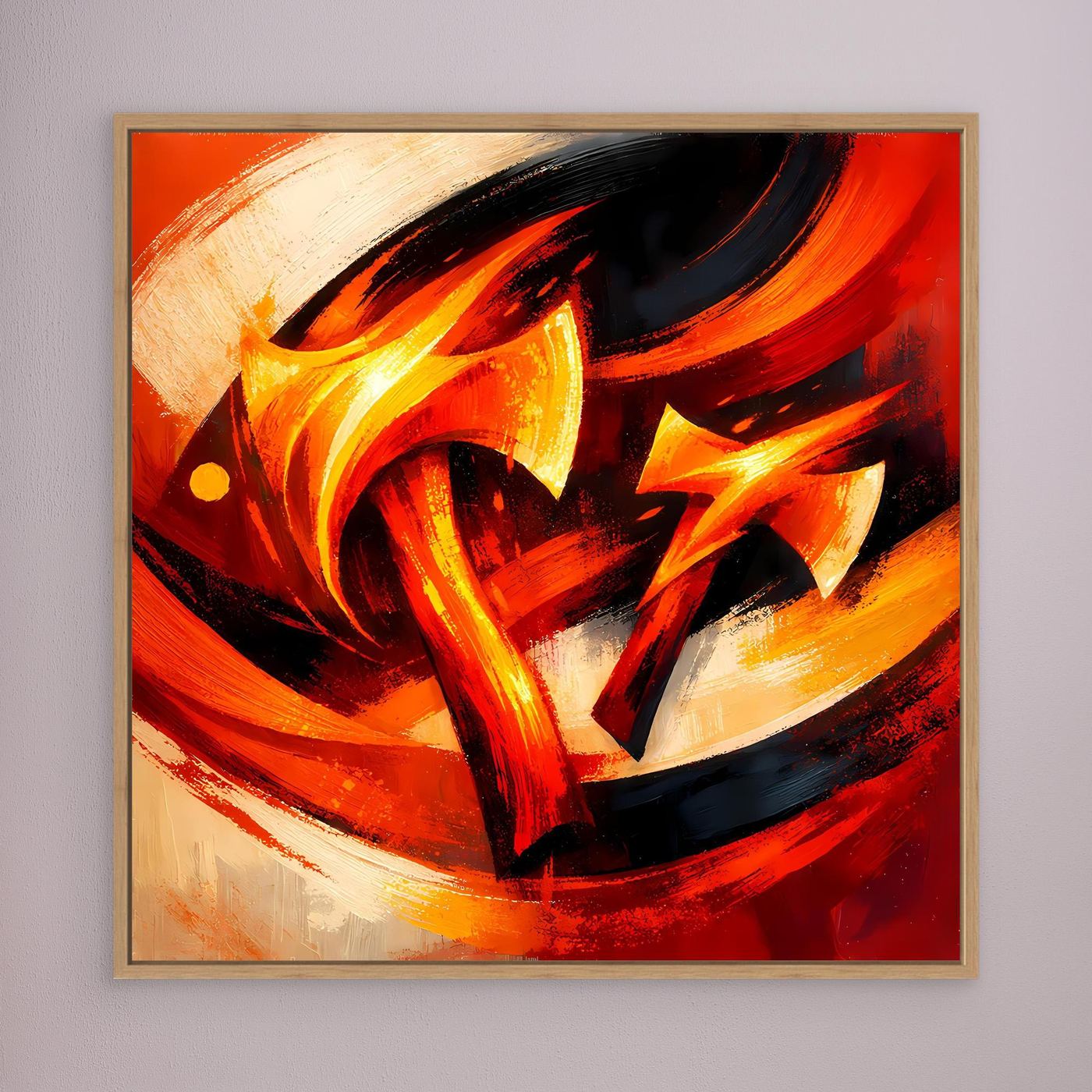 Abstraktes Leinwandbild mit Wikinger-Axt, gelbe Flammen, heller Holzrahmen.