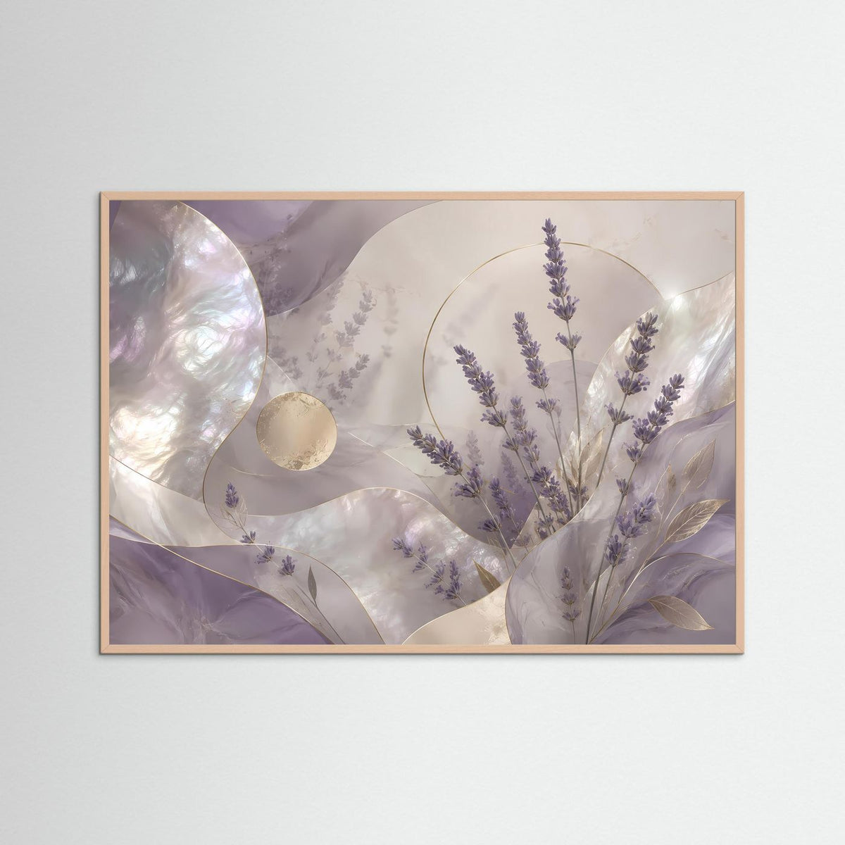 Querformat-Poster im Roséholzrahmen mit Lavendel-Botanik in Flieder, Perlmutt und Gold