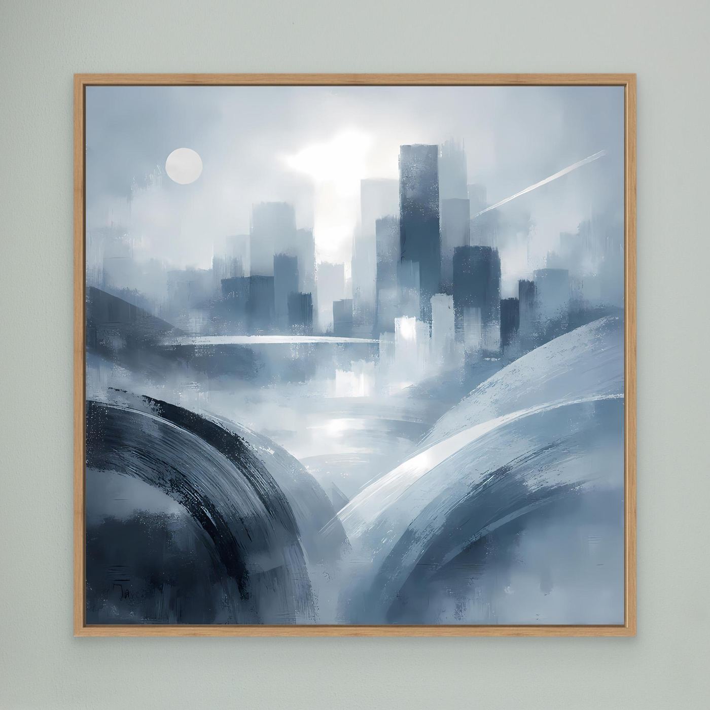 Leinwandbild Skyline abstrakt in Blau-Grau mit hellem Holzrahmen