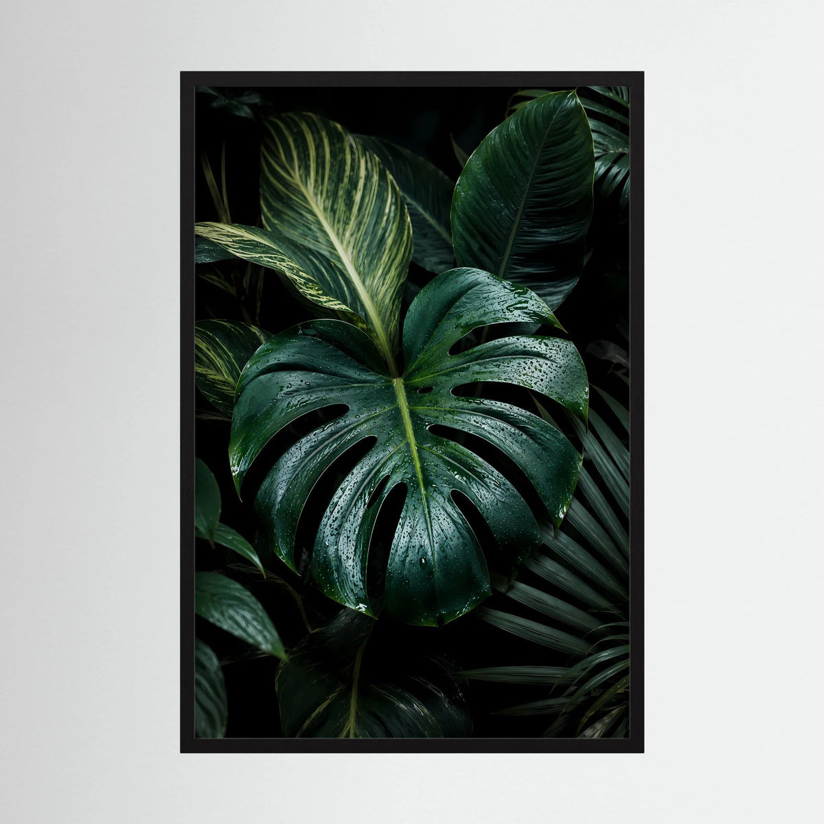 Poster mit Monstera-Tropenblättern, dunkelgrün, schwarzer Rahmen