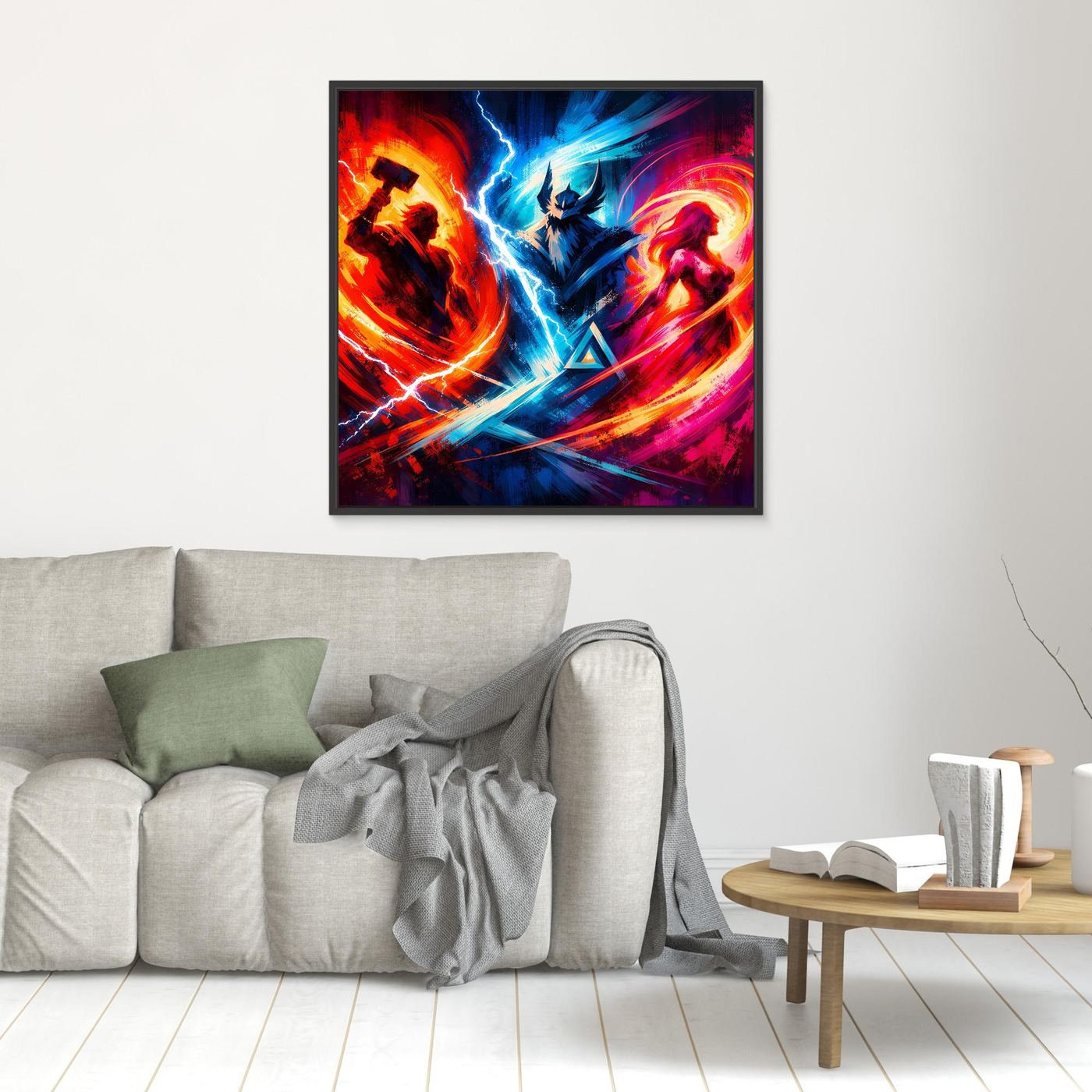 Neon-Fantasy-Wandbild im kleinen schwarzen Rahmen: blaue Blitz- und rote Wirbelgrafik