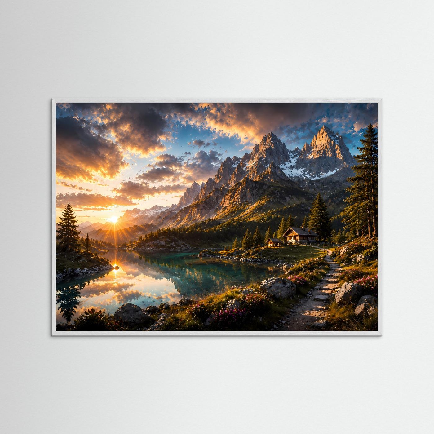 Poster im Querformat mit Alpenlandschaft im weißen Rahmen: See-Spiegelung, Berge und Berghütte