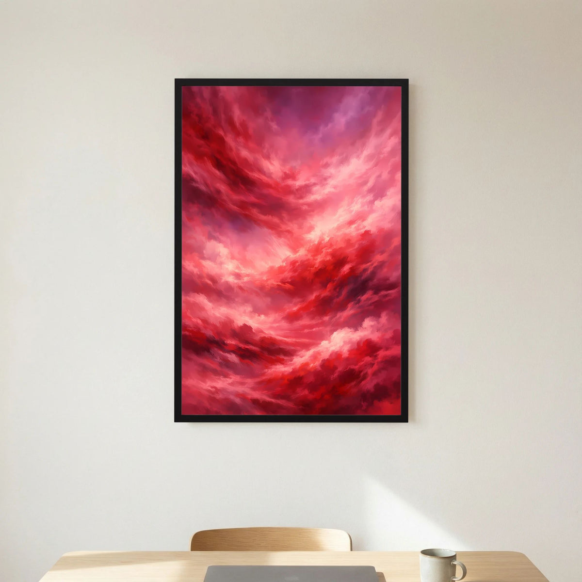 Hochformat-Poster mit rotem Wolkenhimmel, schwarzer Rahmen ohne Passepartout.