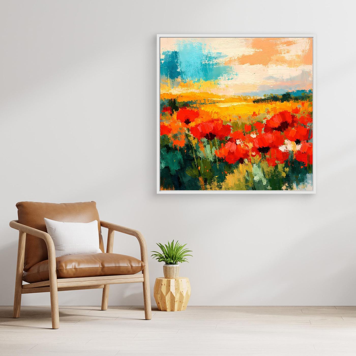 Abstract poppy field canvas wall art with thin white frame