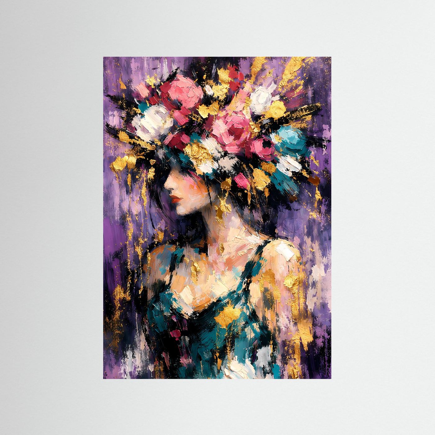 Kunstposter im Hochformat: Porträt einer Frau mit Blumenkranz, violettem Hintergrund