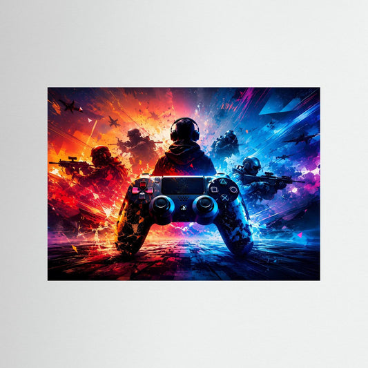 Gaming-Action-Controller-Wandbild: Spielende Figur mit leuchtendem Gamepad, Neonfarben