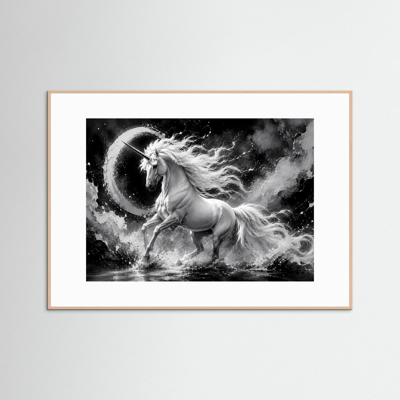 Einhorn Schwarz Weiß Poster Querformat | Mystische Fantasy Wandkunst | Monochrome Elegante Leinwandkunst