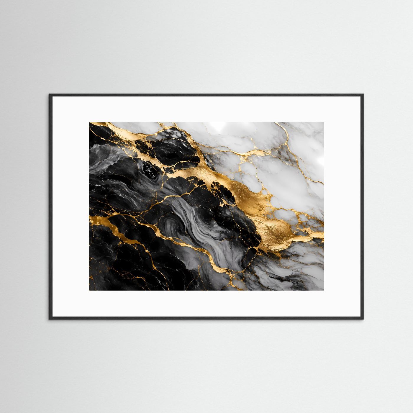 Marmorposter Schwarz-Weiß-Gold mit goldenen Adern, im schwarzen Rahmen mit weißem Rand