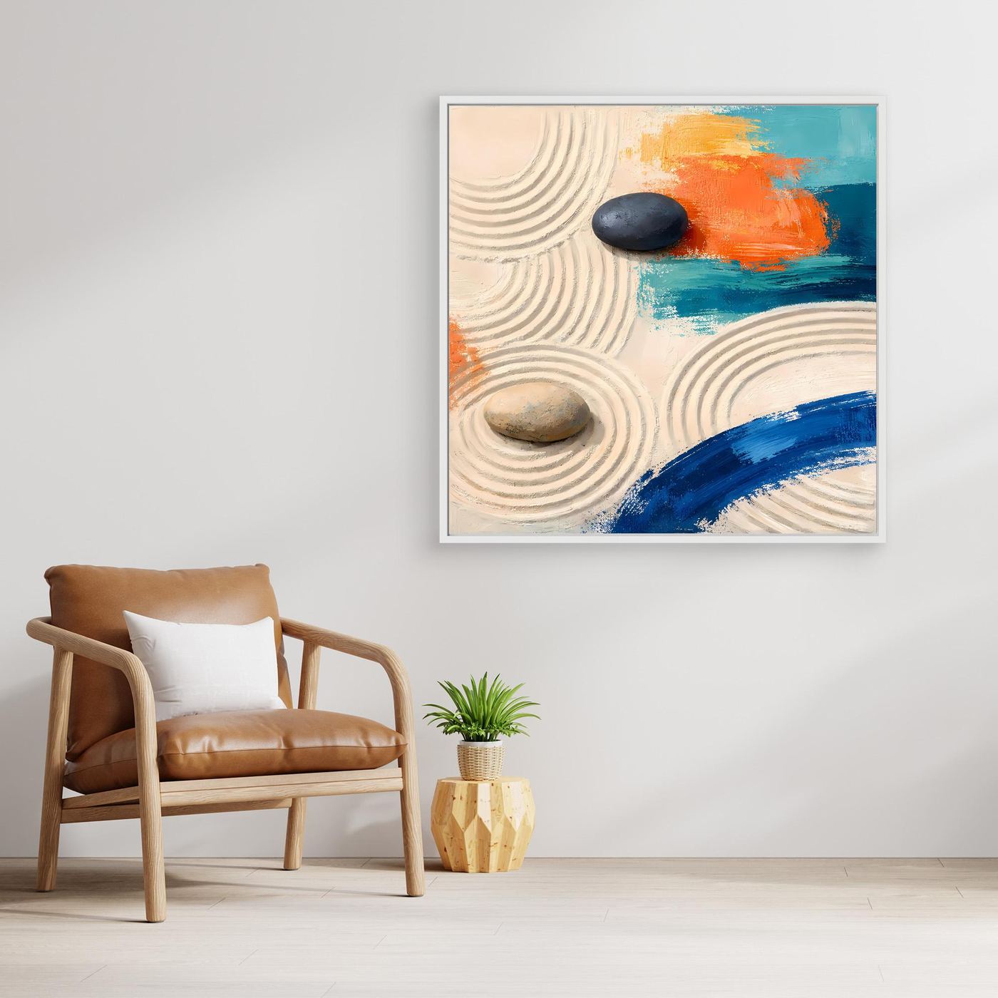 Leinwand Moderner Zen-Garten mit Steinen | Abstraktes Wandbild auf echter Leinwand