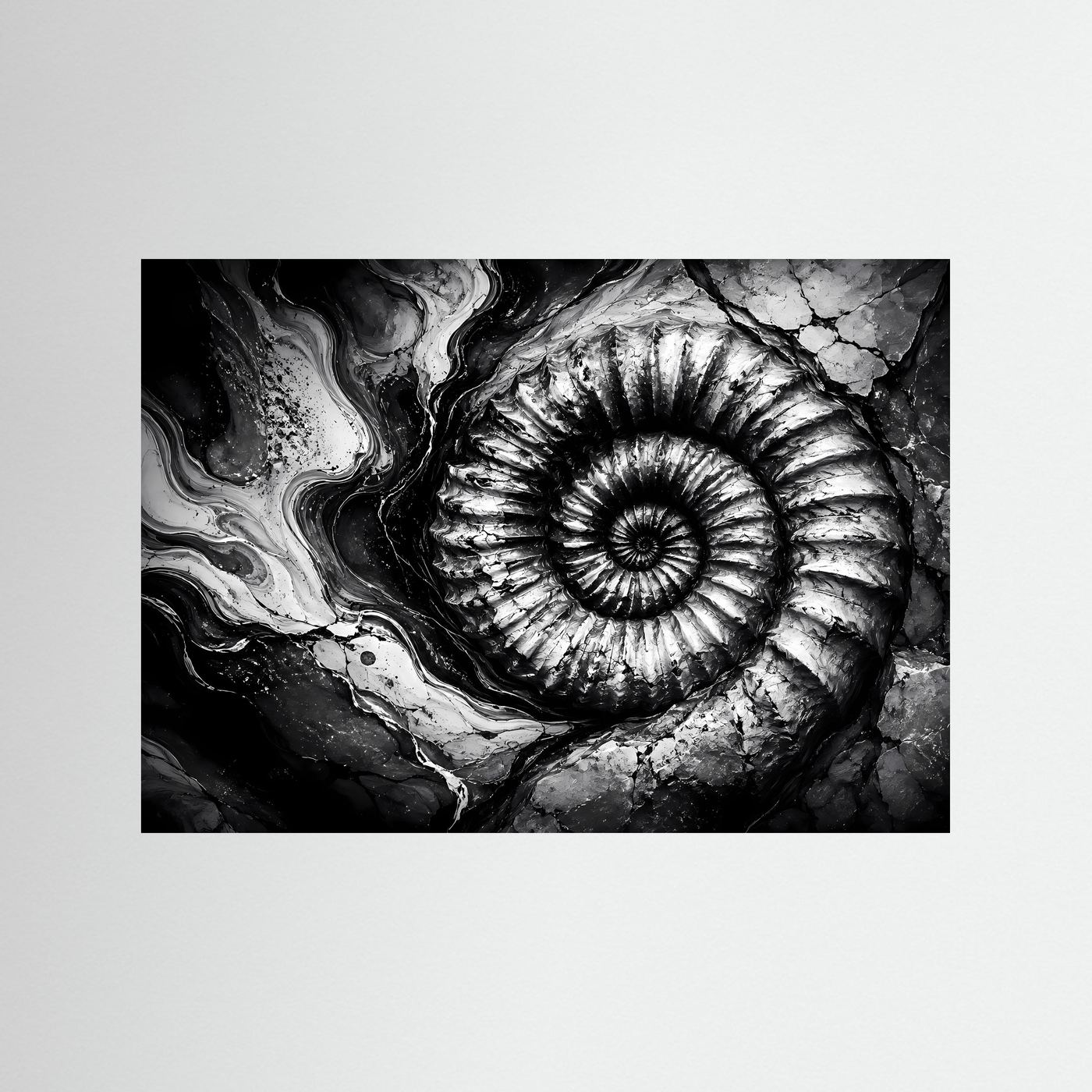 Ammonit Fossil Schwarz Weiß Poster | Geologische Wandkunst | Makro Fossilien Kunst | Monochrome Natur Fotokunst | Moderne Leinwand