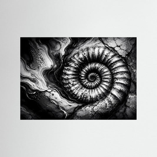 Ammoniten-Fossilienposter mit Schwarzweiß-Ammonit im schwarzen Rahmen
