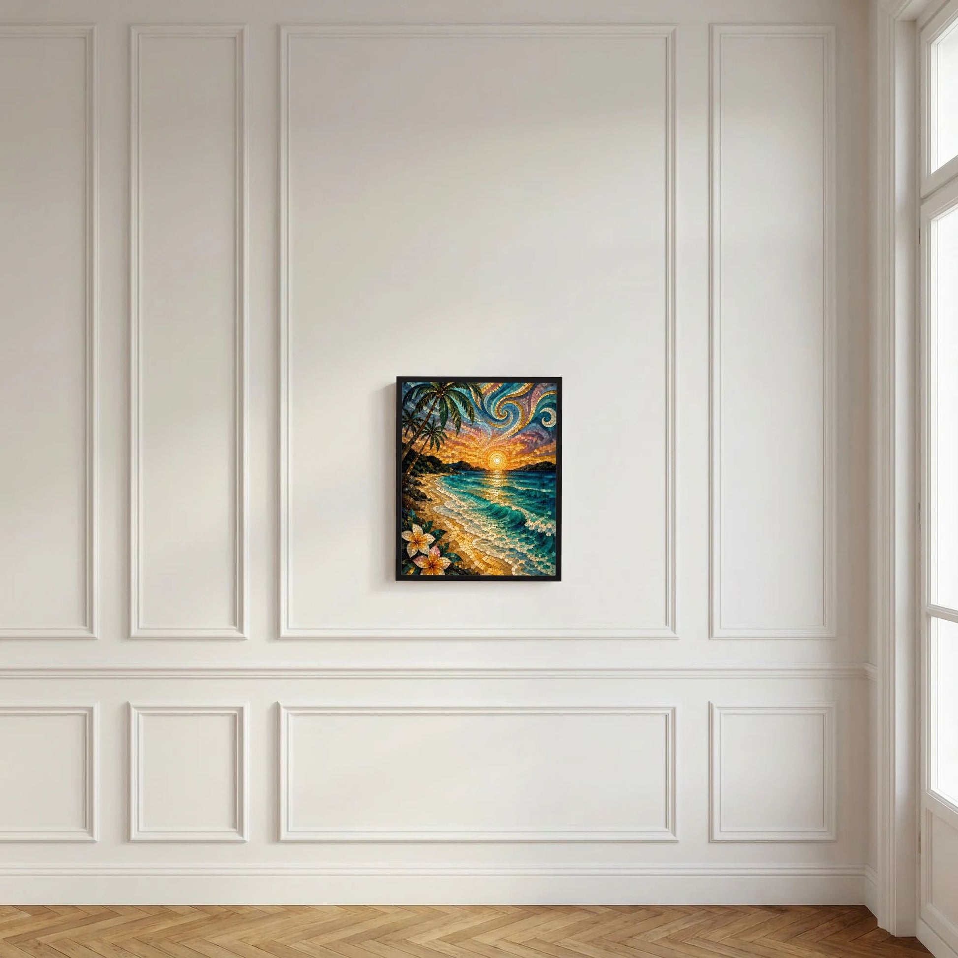 Gerahmtes Hochformat-Wandposter: Mosaikmeer mit Palmen und warmem Sonnenuntergang