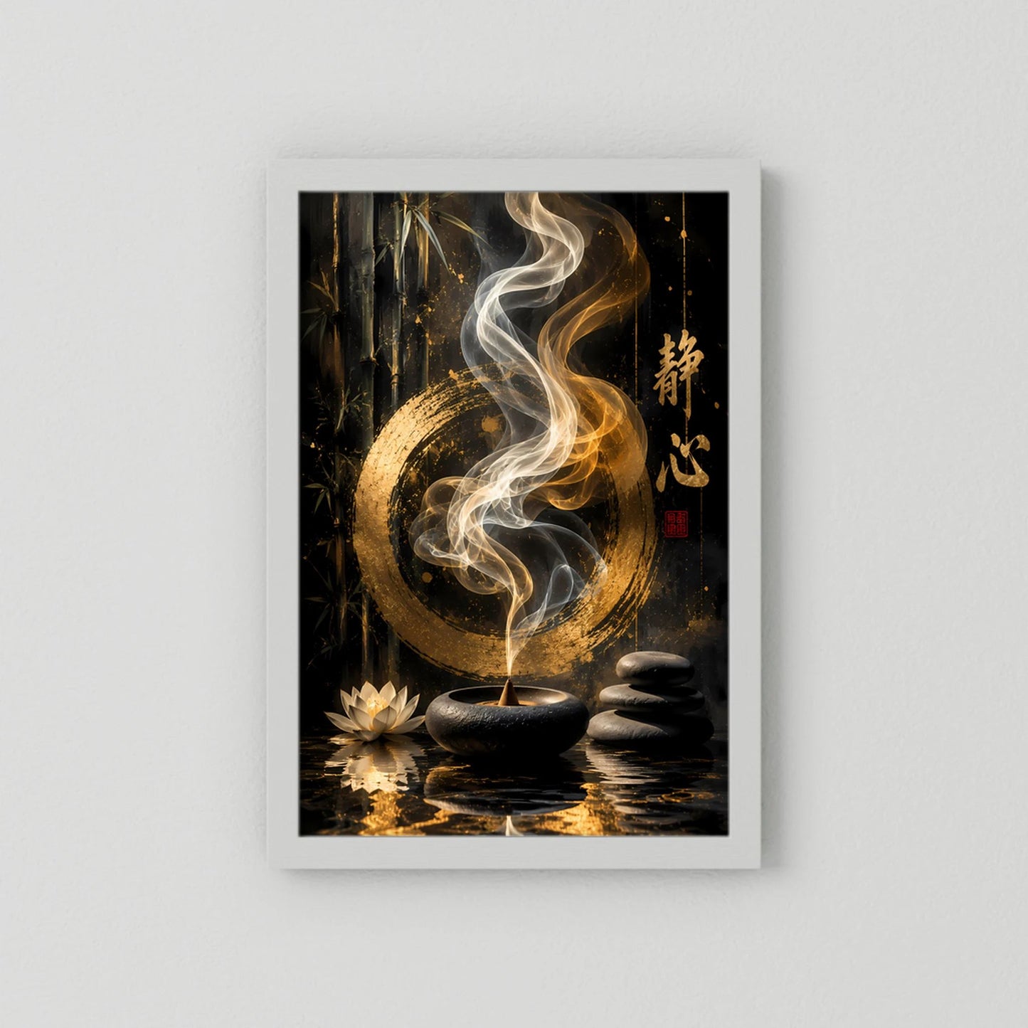 Hochformat-Poster mit Meditationsmotiv in Schwarz & Gold, Rauch über Schale und Steinen