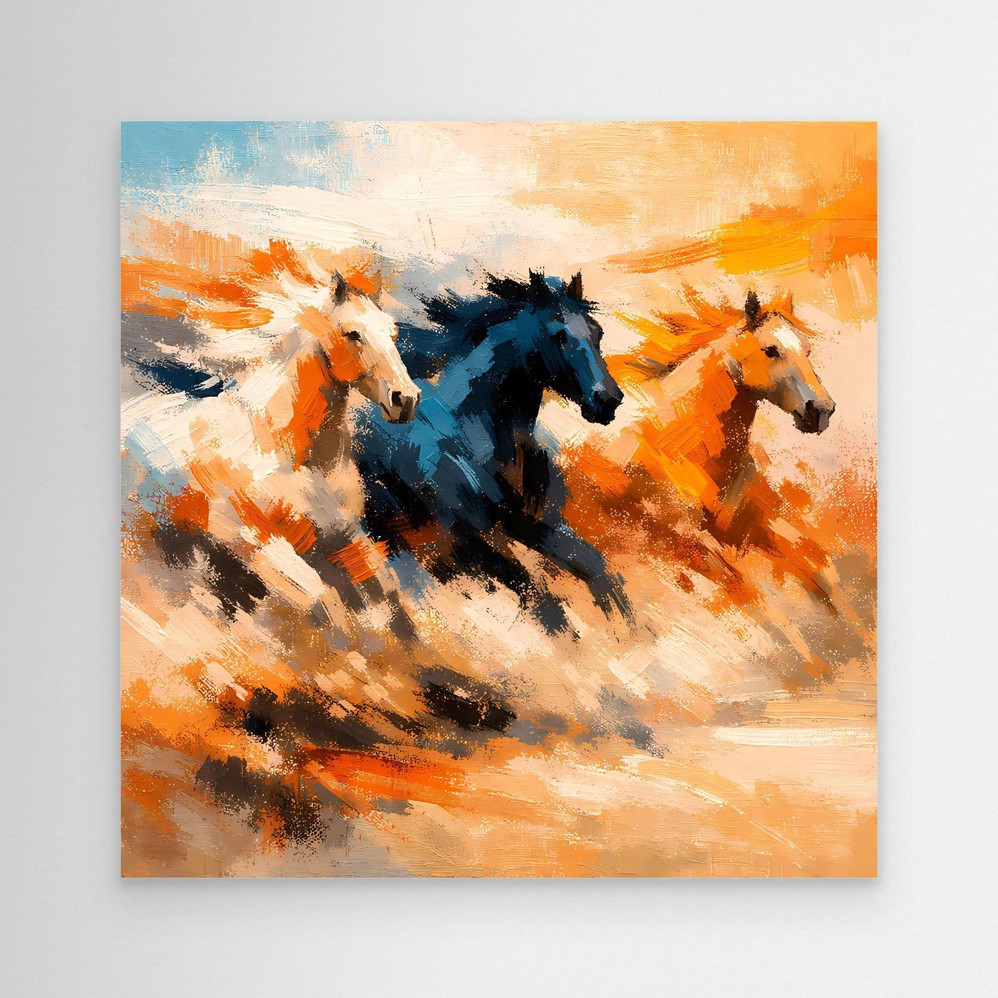 Premium Leinwand Wilde Pferde Galopp | Abstraktes Wandbild Dynamische Ölgemälde Optik