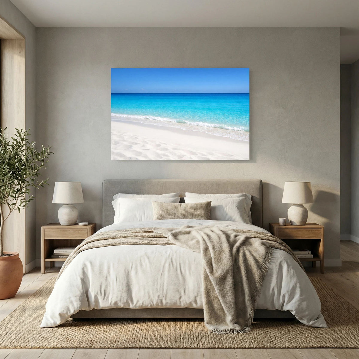 Wandbild Strandmotiv mit türkisblauem Meer, hellem Sand und blauem Rand, Querformat