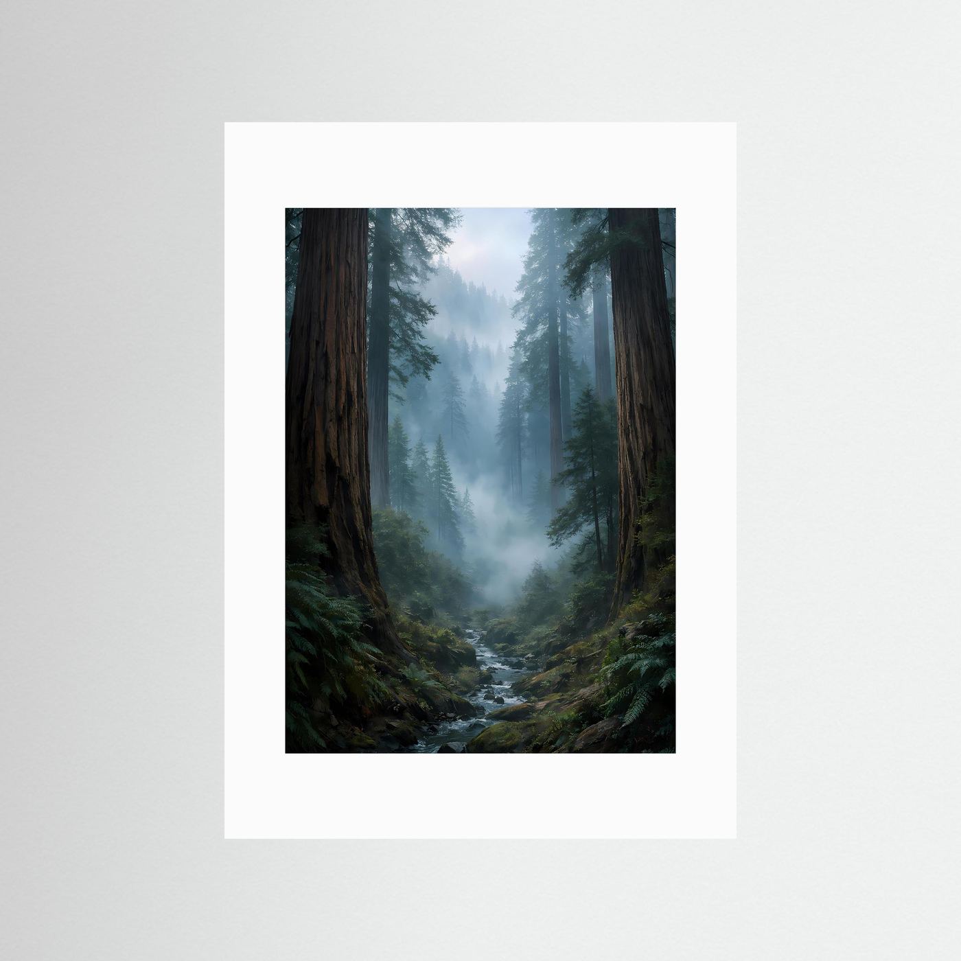 Poster mit Waldlandschaft im Nebel, dunkle Baumstämme, grüne Farbtöne, ohne Rahmen