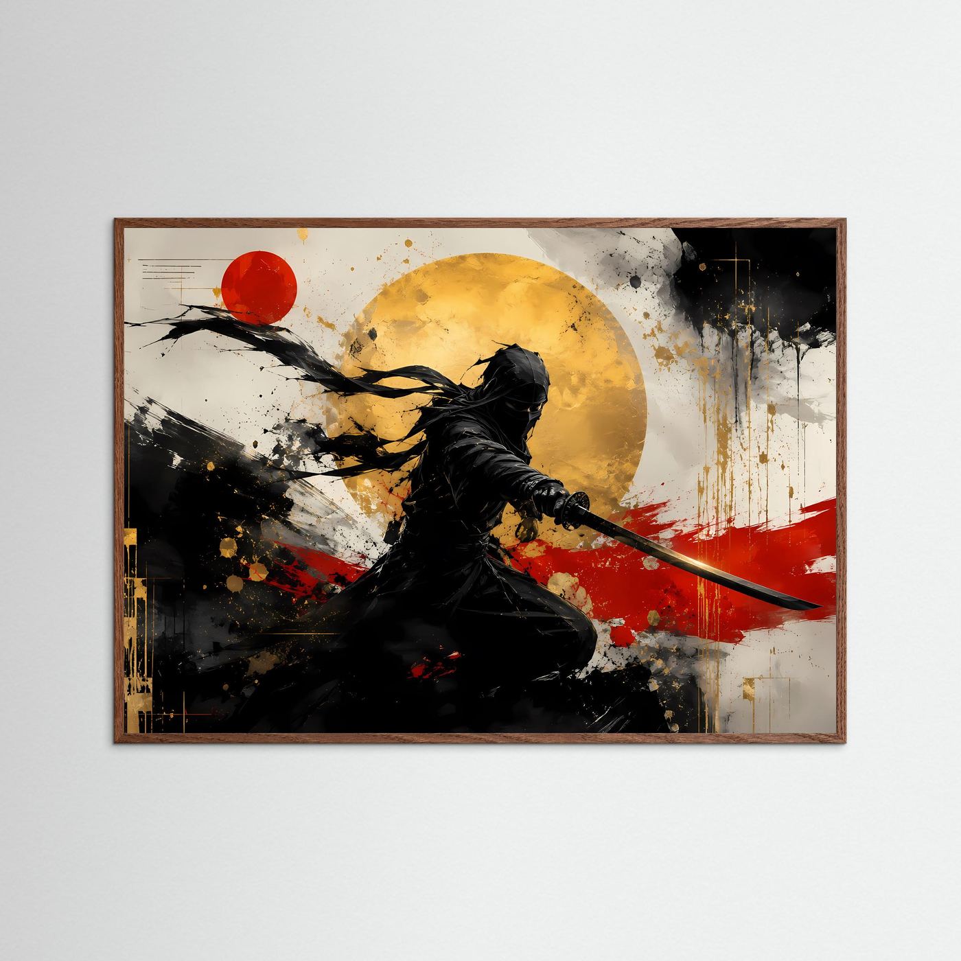 Schatten des Samurai | Japanisches Action & Ink Art Poster mit Gold- und Rot-Akzenten