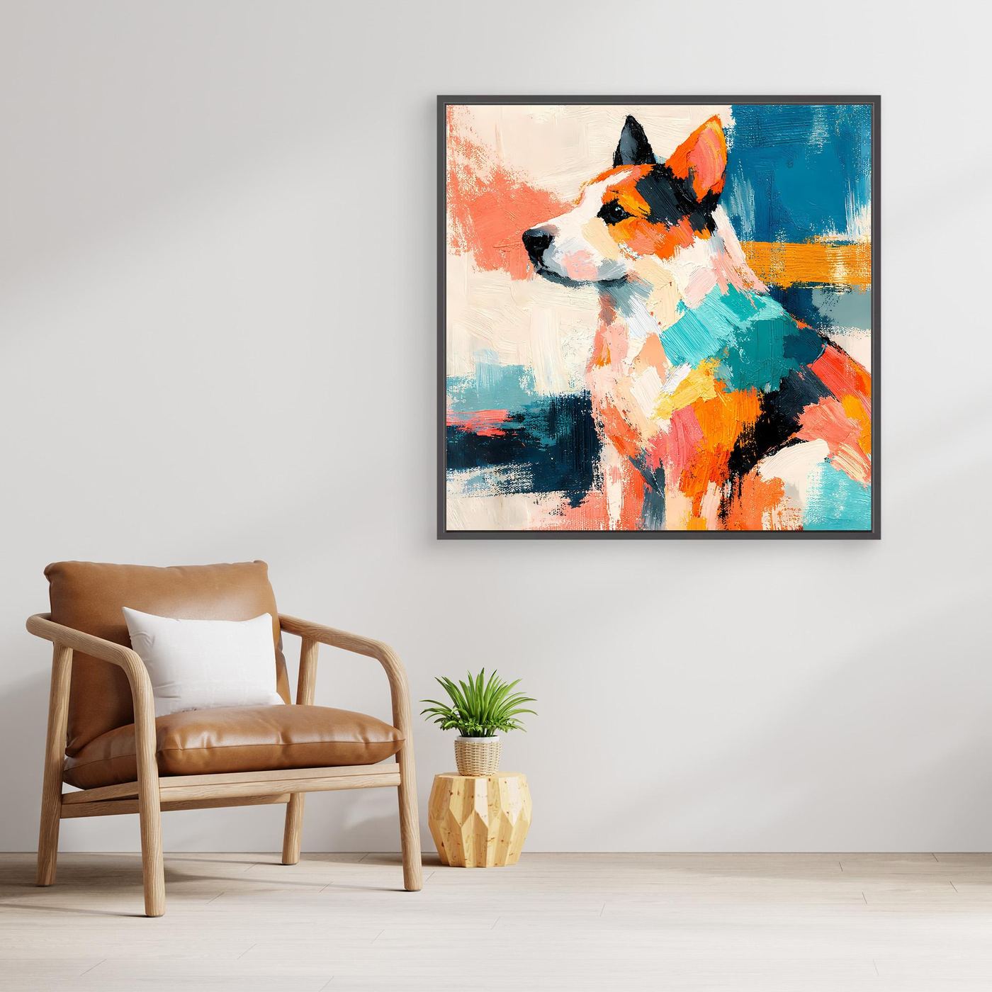 Leinwand-Wandbild mit abstraktem Hund im Pop-Art-Stil, farbige Flächen, Rahmen sichtbar