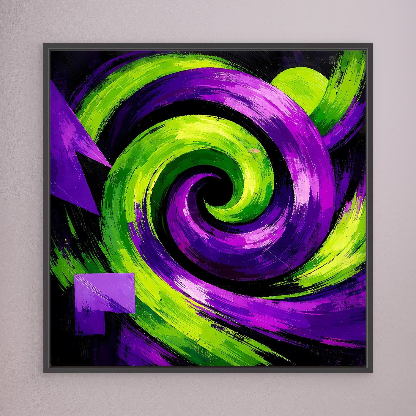 Gerahmtes Leinwandbild mit abstraktem Spiralstrudel in Grün und Violett auf dunklem Grund