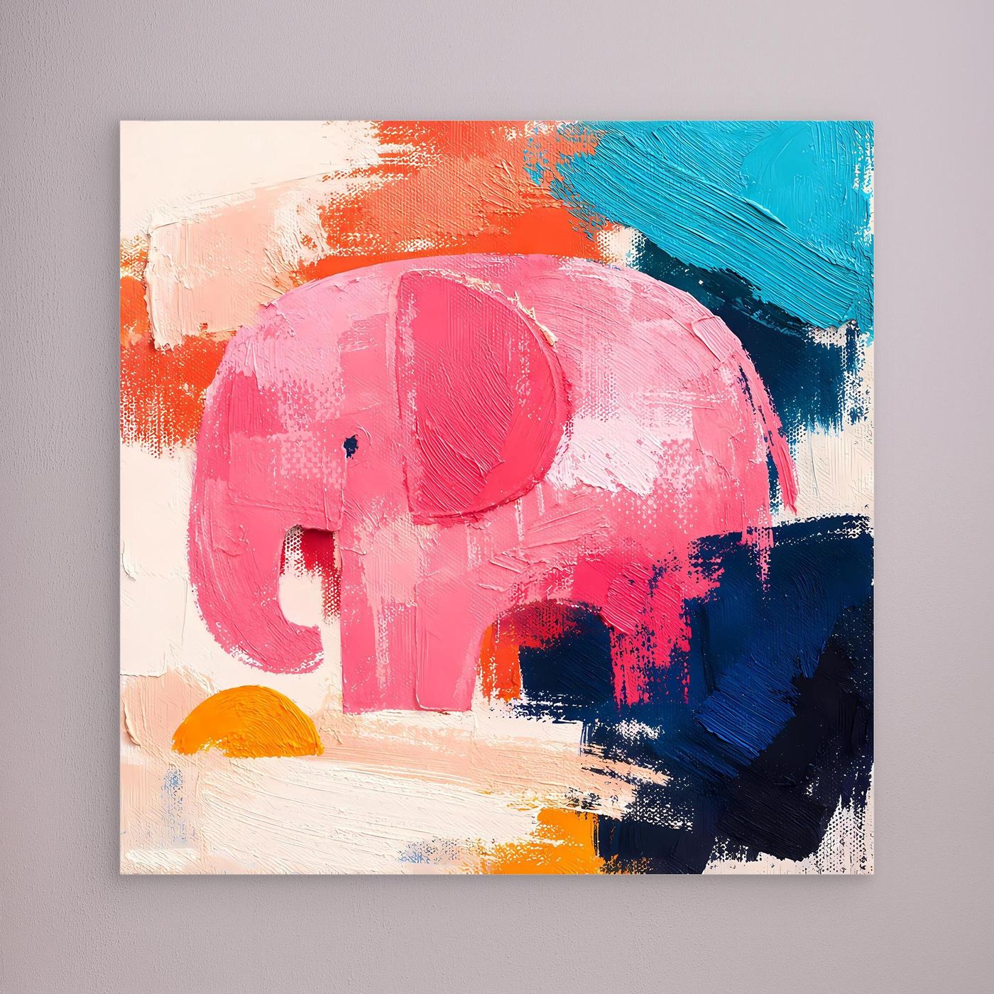 Unframed abstract elephant canvas painting with pink, blue, and orange brushstrokes