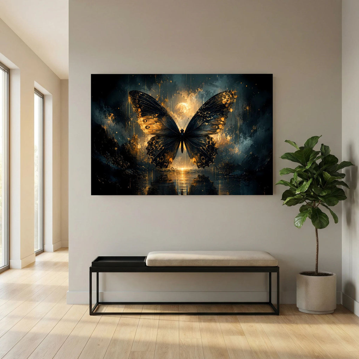 Wandposter mit gold-schwarzen Schmetterflügeln und leuchtender Mitte